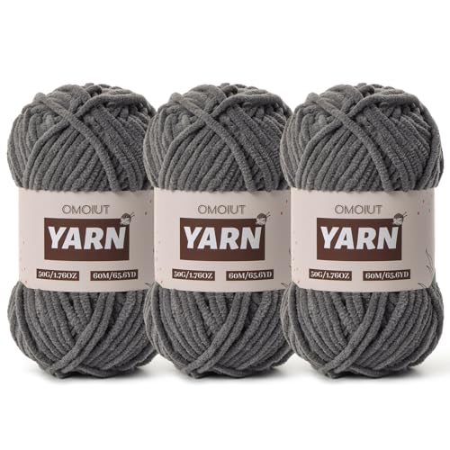 Image of 3 Packs Plush Chenille Chunky Crochet Amigurumi Yarn - Baby Yarn for Crocheting Soft - Fluffy Velvet Yarns Knitting for Blankets Crafts 150g / 196.8yds (3 Dark Gray)