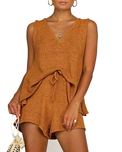 Sherrylily Womens Two Piece Outfits Summer Strappy V Neck Knit Crop Tops with Tie Waisted Beach Shorts Khaki