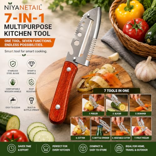 Image of Stainless Steel Vegetable Peeler with Wooden Handle & Bottle Opener | Sharp Single Blade Peeler for Fruits & Vegetables (7 in 1 Vegetable Peeler)