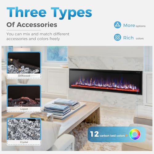 Image of 72 inch Electric Fireplace Inserts /Wall Mounted Ultra-Narrow Bezel Fireplace