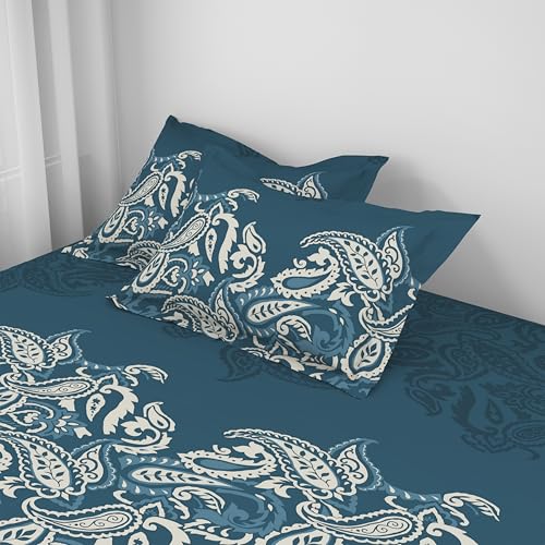 Image of Welspun ENZO Queen Size Fitted Bedsheet with 2 Pillow Covers | 360 Elastic | 100% Pure Cotton | 60 x 78 Inches | Soft, Breathable, Lightweight & Easy Care | Dark Blue