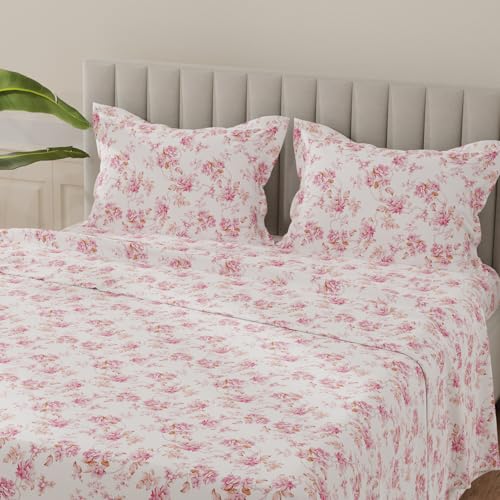 Image of Layers 100% Cotton Bedsheet for King Size Bed | Lumina Floret Collection | 144 TC Soft & Breathable | Printed with 2 Pillow Covers | Wrinkle Free & Colorfast | 3 Piece Bedding Set - Pink & White