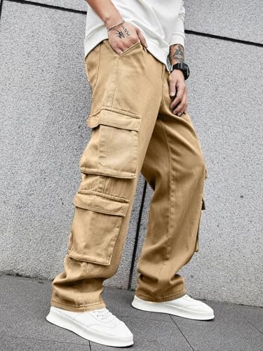 Image of Men's 8 Pocket Cargo Pants | Premium Cotton Twill Baggy Fit Trousers | Stretchable Casual Streetwear Cargos | Mid Rise