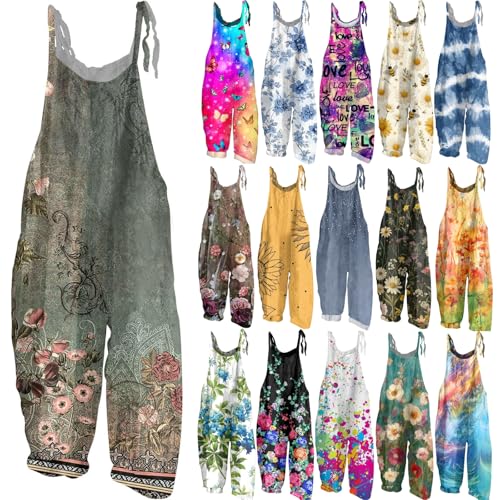 Summer Plus Size Floral Boho Linen Gardening Cloth Overalls Jumpsuits Rompers Loose Fit Bib Baggy Jumpers Pants for Curvy Women 2025 Dark Green 5XL