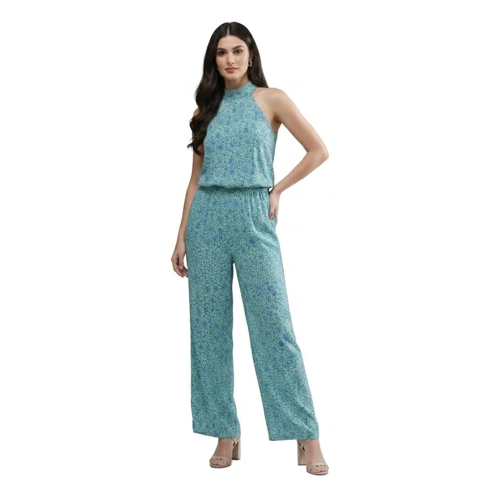queens n dolls Women Halter Neck Jumpsuit with Wide-Leg Pants | Women's Summer Jumpsuits | Blue Printed Jumpsuit | Ethnic & Casual Wear Medium Size-picture-23