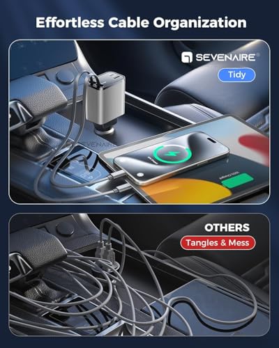 Image of Sevenaire Retractable Car Charger, 69W Super Fast Car Charger with Cables, Type C & USB-A Ports, USB-C & L Retractable Cables (80cm),Compatible with iPhones,iPad, & Type C Android Phones