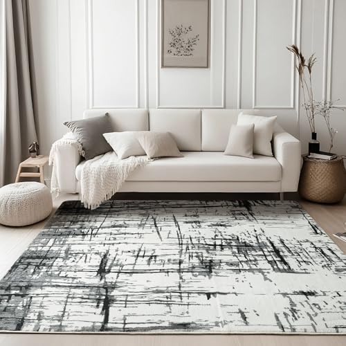 Calore Tapis Salon Chambre Grand Tapis Doux Antidérapant Moderne Tapis de Salon Rayé Poils Ras (Abstrait Gris/Blanc/Noir, 120 x 160 cm)