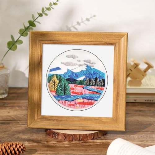 Image of Esffaci Embroidery Starter Kit for Adult Beginner with Mountain Landscape Tree Flower Scenery Pattern Hand Embroidery Set with Embroidery Cloth Floss Hoop Needle Threader and Instruction