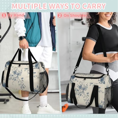 Flowers Blue Watercolor Retro Travel Duffel Bag Weekender Overnight Bags for Women Men Foldable Waterproof Tote Bag with Trolley Sleeve4
