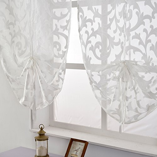 Napearl Tie Up Curtains, Jacquard Balloon Curtains For Kitchen Window, Ajustable Rod Pocket Sheer Curtain Valance For Bathroom Small Window, 1 Panel ( 32W X 47L, White ) #TOP3