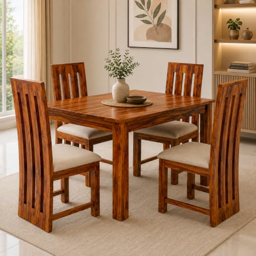 Image of Sheesham Wood 4 Seater Dining Table Set for Living Room Solid Wood Dining Table Set with 4 Chairs, Diningroom Furniture