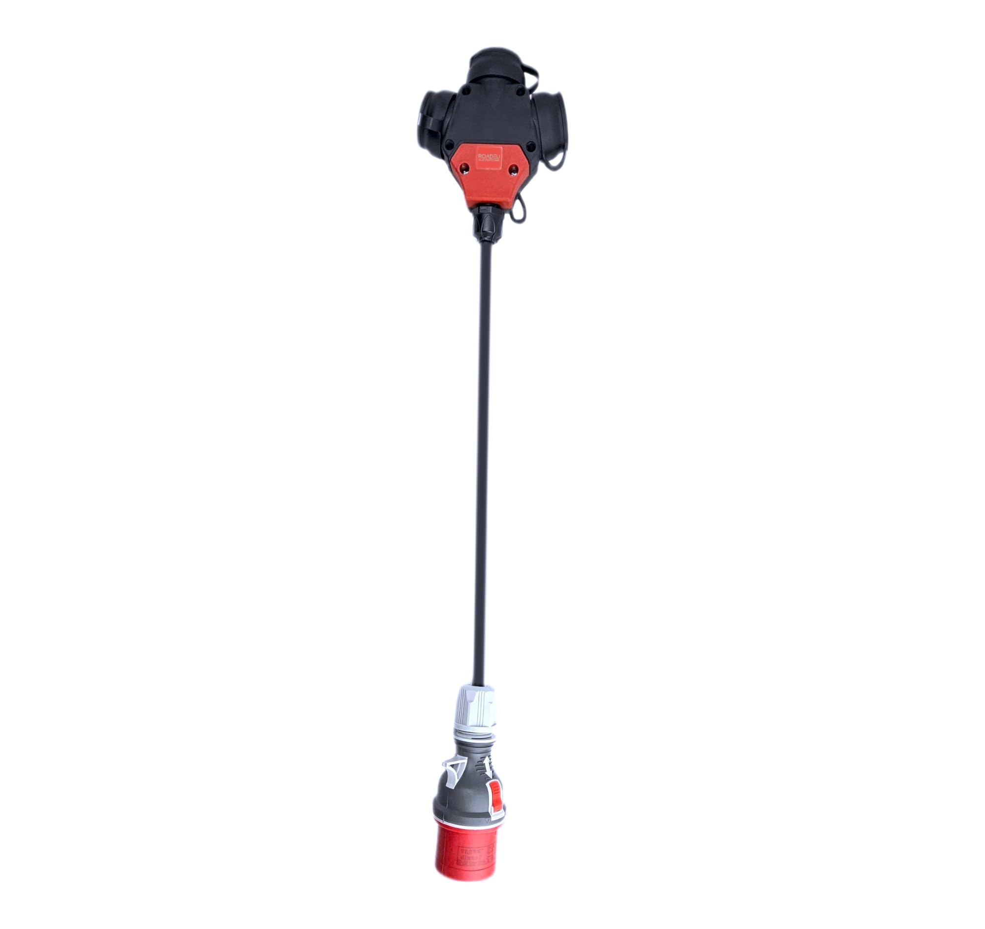 RoadEu - Rallonge 0,5m Prise Industrielle Cordon Adaptateur - Fiche d'alimentation 16A 3P+N+E vers Triple Prise 2P+E 230V, Câble en Caoutchouc,