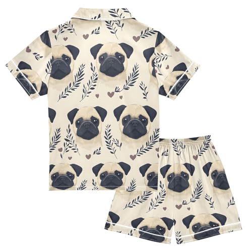 ALAZA Pug Dog Cartoon Yellow Satin Pajamas Set Short Sleeve Button Down Sleepwear Summer Pjs 2 Piece2