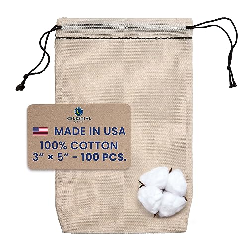 Celestial Gifts Muslin Bags - Drawstring Bags Small 100pcs - 3x5, Reusable Tea Bags, Jewelry Gift, Spice and Cotton Gift Sachet Bags - 100% Cotton - Made in USA - (Black Hem & Drawstring)
