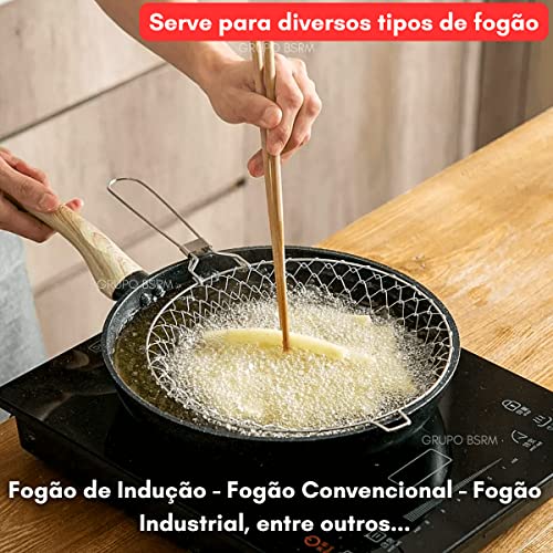 Fritadeira Esmaltada com Cesto Cromado Frigideira Cabo Madeira