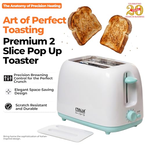 Image of ITALIA 2 Slice Pop-up Toaster | 750W Bread Toaster with 6 Browning Levels, Auto Pop-up, Anti-Jam Safety, Easy Clean, Compact Design - White & Mint