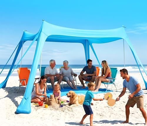 Purebox Strandzelt - Strand Sonnensegel mit UPF 50+ Einfacher Aufbau mit 8 Sandsäcken 10x10FT Sonnenschutz Strandzelt für Strand Camping Angeln Picknick