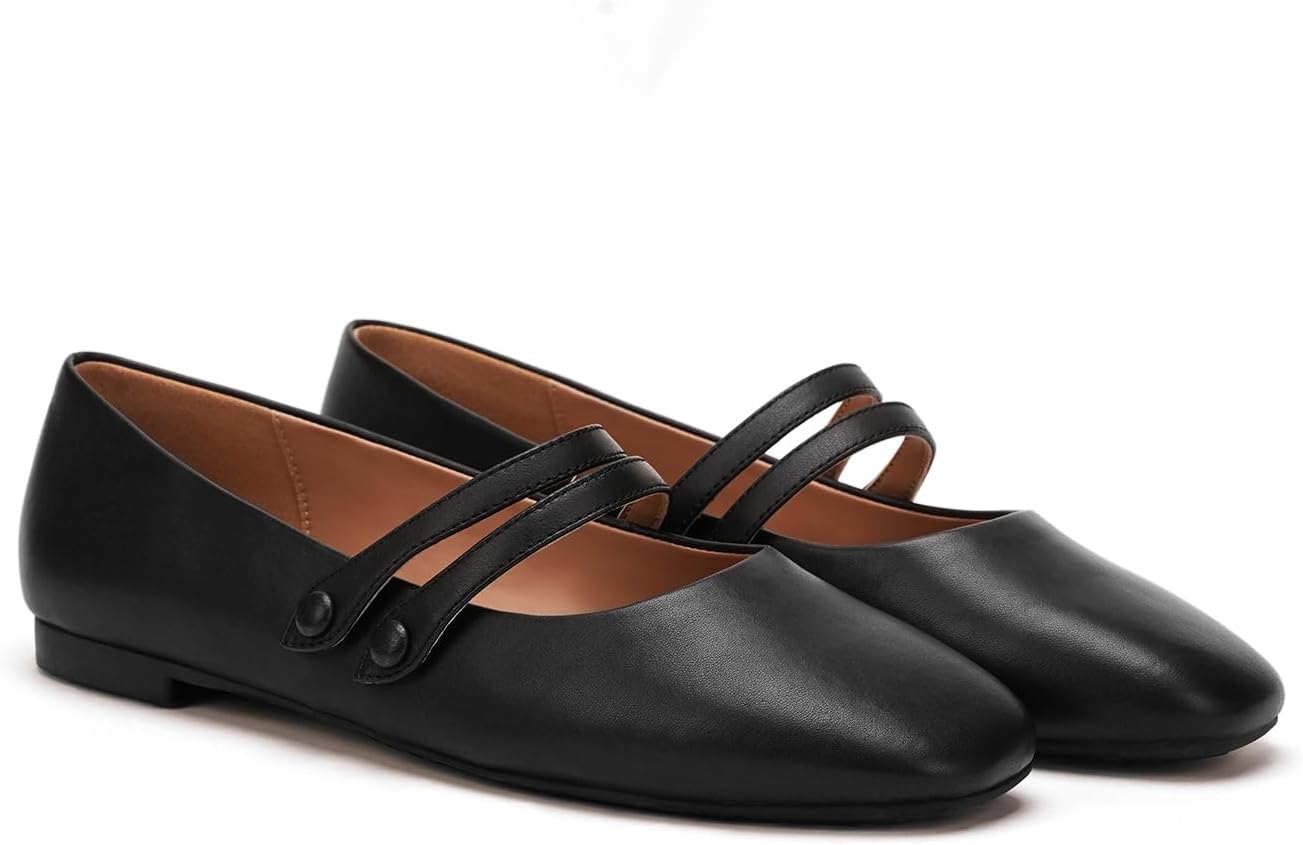 C.Paravano Genuine Leather Women's Flats | Mary Jane Flats | Square Toe Shoes | Dress Shoes with Straps