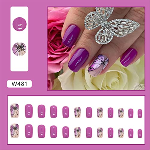 Votacos Press On Nails Short Square Fake Nails Purple False Nails With Butterfly Design Glossy Stick On Nails For Women 662 #TOP2