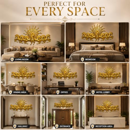 Image of iHandikart 7 Running Horses Metal Wall Art with Sun | Pack of 1, 36 x 21 Inch | Golden Vastu Horse Wall Decor for Living Room, Luxury Iron Wall Hanging Sculpture for Home, Office, Hallway & Entrance, 3D Metal Wall Decoration
