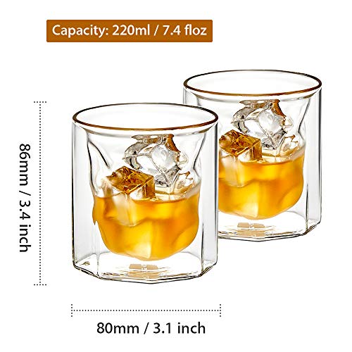 ZENS Whiskey Glass Set,Hand Blown Double Walled Lowball Scotch Whiskey Glasses of 2,Unique Octagonal 7.4oz Old Fashioned Glasses for Bourbon,Cognac Gift - Thumbnail 3