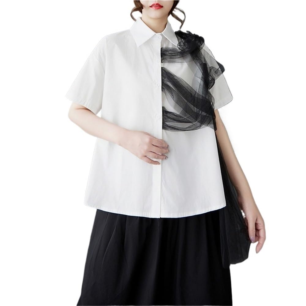 Camisa De Manga Corta Con Diseño De Tul A La Moda Para Mujer, Camisetas Informales Con Solapa Y Botones, Blusas Holgadas Y Cómodas De Verano