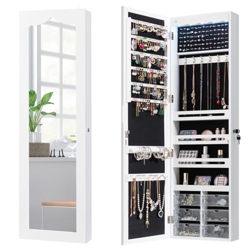 GOPLUS Armoire à Bijoux Mural avec Miroir et Lumière LED, Armoire de Rangement Mural, Accrochée à la Porte avec Serrure, Meuble de Rangement, Miror...