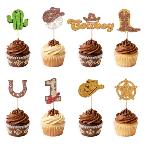 AmoraDec 24PCS Cowboy Cupcake Toppers My First Rodeo,Western Themed Cupcake Toppers,Cute Glitter Hats Boots Horseshoes Cactus Picks for Kids Boy Baby Shower, Birthday Party Supplies Decorations