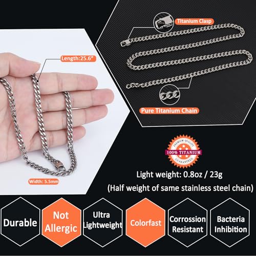 SanThree 5.5mm Pure Titanium Cuban Link Chain Necklace, Smooth Skin-Friendly Solid Titanium Curb Chain Necklaces Gift for Men Women, 25.59 Inches2