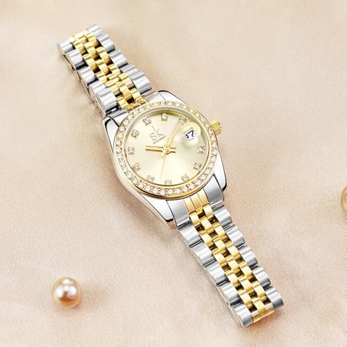 Elegant Women's Quartz Watch with Crystal Accents and Adjustable Alloy Steel Band in Silver-Gold - Image 5