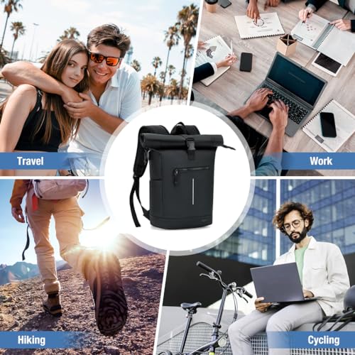 Lekeinchi Rolltop Rucksack Wasserdicht für Damen & Herren, Großer Laptop Rucksack mit Computerfach für 17 Zoll Laptop, Elegant Reiserucksack Daypack für Reisen, Radfahren, Uni Schule-Schwarz Groß(XL)