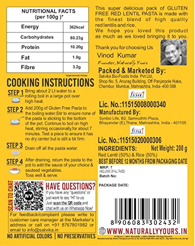 Image of Naturally Yours Red Lentil Pasta | 200g Pack | Gluten-Free, No Maida, No Onion No Garlic, 100% Jain Friendly, Vegan, Preservative-Free | High Plant Protein & Fiber | Healthy Pasta | Pack of 2