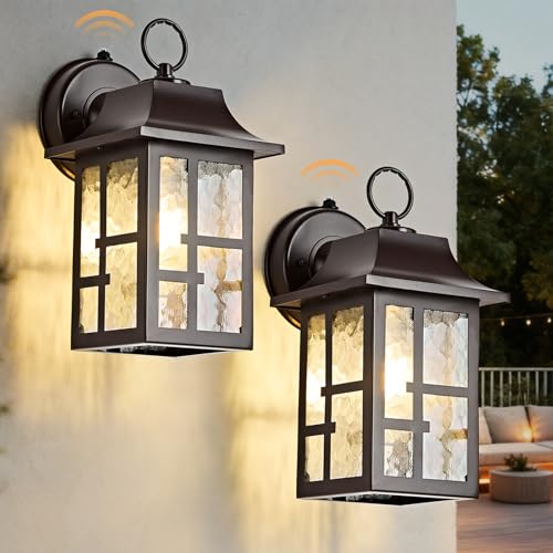 Image of OKELI 2-Pack Dusk to Dawn Exterior Lighting Fixture, Farmhouse Outdoor Wall Lights with Ripple Glass, Aluminum Porch Light Wall Mount, Anti-Rust Outside Wall Sconce for House, Garage(Brown)