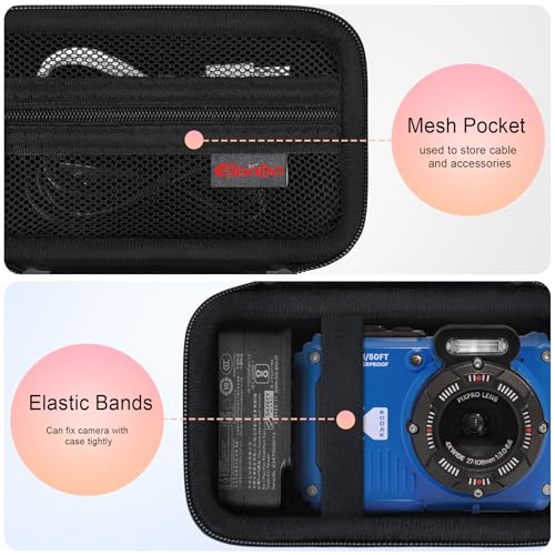 Image of Elonbo Camera Carrying Case for Kodak PIXPRO WPZ2 Waterproof Digital Camera | Camera Carrying Case, Hard Bag, with Mesh Pocket Wrist Strap Double Zipper, for Vlogging, Travel Protective Storage, Black