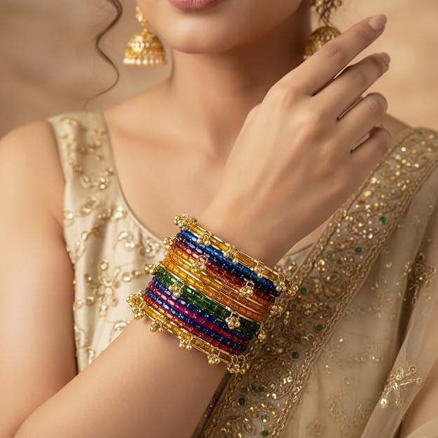 Image of Kashmiri Ghangharoo Glass Bangle Set for Women| Light Weight Bangles | Traditional Transparent Fancy Glass Chudi Set for Wedding, Party(Set Of 18)