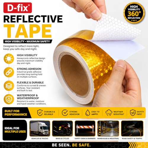 Image of D-fix High Intensity Radium Reflective Tape - 5 Meters in Length - 48mm / 2 inch Width - 1 Roll Per Pack - Car Bike and commercial vehicles Conspicuity reflective warning Tape Reflective tape (Yellow)