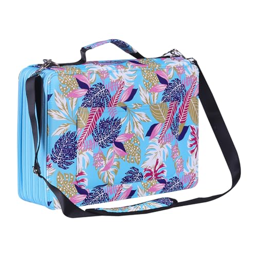 Shulaner 500 Slot Large Capacity Pencil Case with 5 Zipper Closure, Composite Cloth Pen Organizer Bag with Shoulder Strap - Blue Leaves, Small Slots