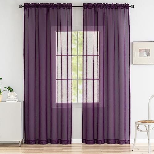 Image of Sheer Curtains 84 inch Length 2 Panels Set, Semi Sheer Privacy Curtain Drapes, Purple Rod Pocket Window Treatments Voile Curtains for Windows Living Room Bedroom Sunroom French Doors, 52 inchW x 84 inchL