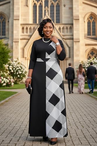 Image of FANDEE Womens Elegant Maxi Dresses Mock Neck Colorblock Casual Long Dress