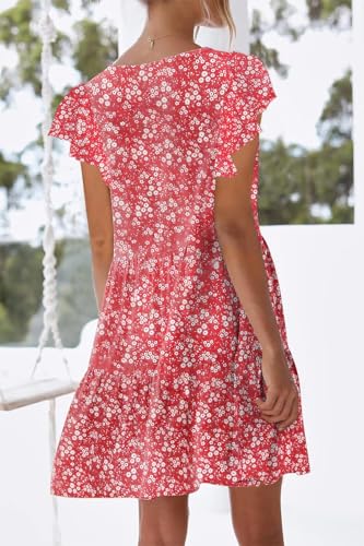 Image of nclook Womens Summer Casual Dresses Sweet Cute V Neck Mini Dress with Pockets Ruffle Short Sleeve