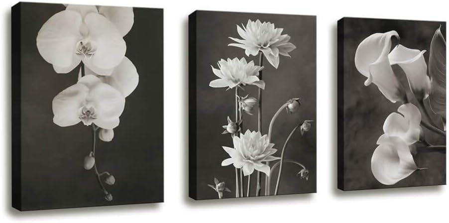 Canvas Wall Art Contemporary Simple Life White Flower Calla Lily Painting Bedroom Decor - 3 Panels Framed Canvas Prints Black and White Style White Floral HD Pictures for Home Office Bathroom Decor