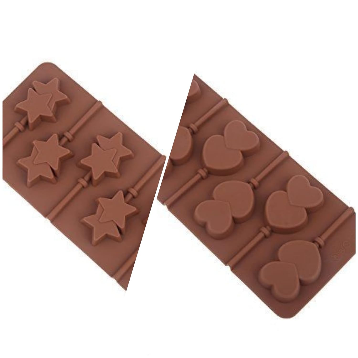 Baker's STUDIO 5 Hole/Cavity Lollipop Heart and Star Combo Chocolate Mould Silicone - Cake Pop Mold - Double Heart - Double Star - Cake Decorating Tool. (Combo)