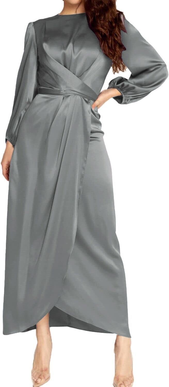 PINUPART Women's Elegant Empire Waist Long Sleeve Satin Maxi Dress