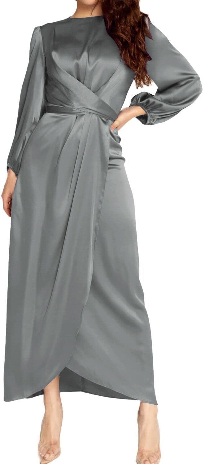Pinupartwomens Elegant Empire Waist Long Sleeve Satin Maxi Dress