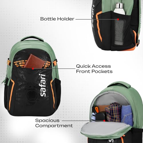 Image of Safari Verge 2 37L Casual Printed Backpack, School Bag for Boys and Girls, Travel Bag for Men and Women, 3 Compartments, Raincover, Armour Base, Organiser, Bottle Holder, Front Pocket, Sage