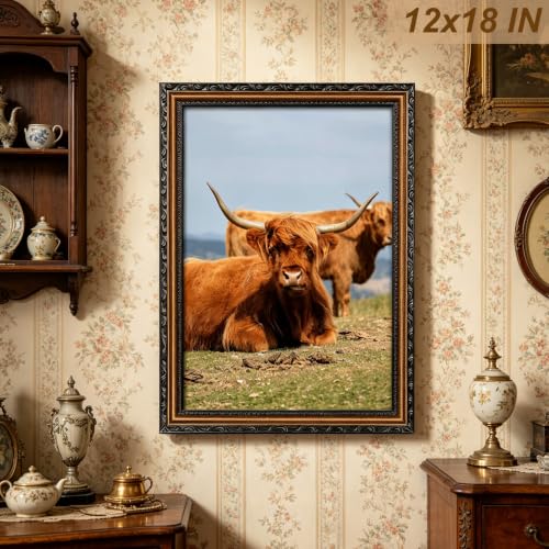 Image of Black 12x18 Frame Wood Vintage 12 x 18 Frames Gold | Real Glass, Easy Photo Changes, Wall Hanging, Ornate Wall Art
