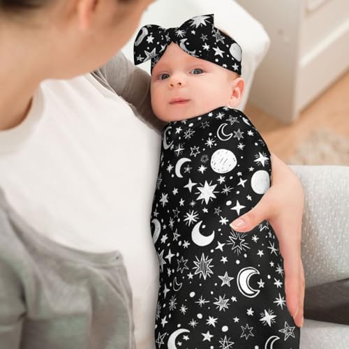 Image of Moon and Star Black Baby Stuff Swaddle Blanket Wrap Baby Newborn Blanket Soft Stretchy with Headband Hat Set Gift for Infant Boy Girl