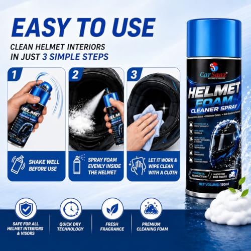 Image of CAR SAAZ Helmet Foam Cleaner Spray 150ml for Helmets | Deep Cleaning & Dirt Remover Formula For Helmet with Odor Control, Anti-Bacterial Protection & Long-Lasting Fresh Feel| Safe For Skin & Hair
