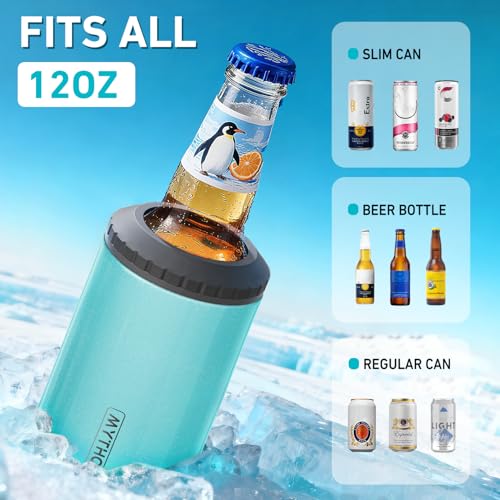 Image of 3 in 1 Slim Can Cooler for 12 OZ Skinny Can, Standard Can & Beer Bottle - Keep Cold for 6 Hours - Double Walled Insulated Stainless Steel Vacuum Beverage Can Insulator (Aqua)