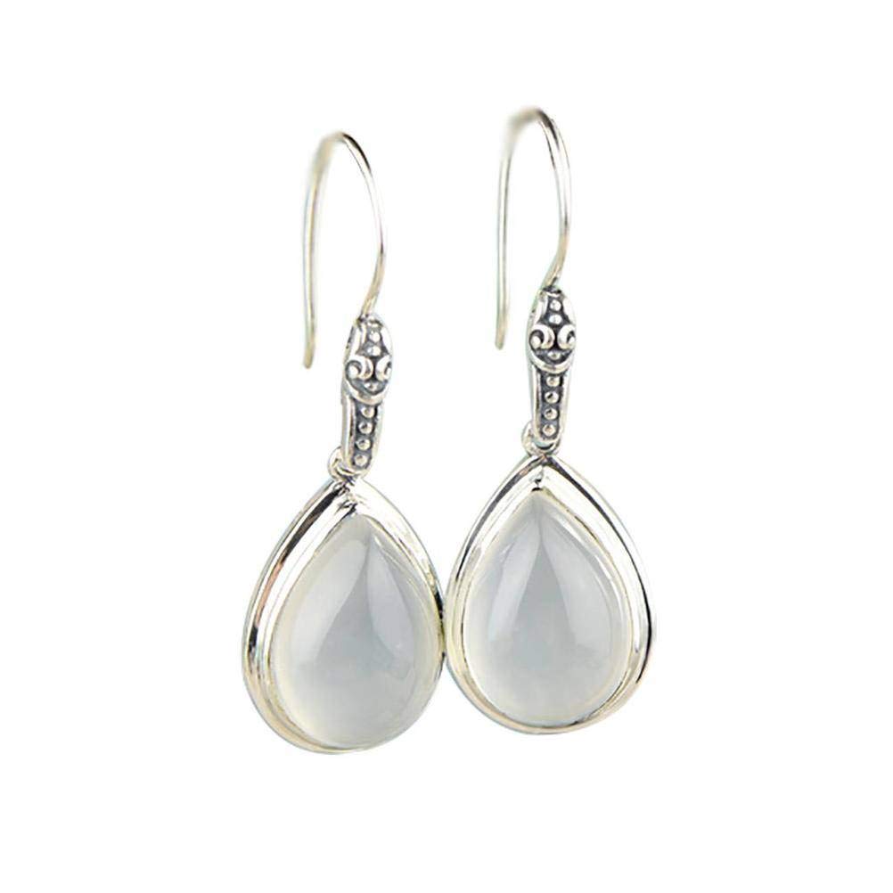 IUokLU Ladies Earrings, Chinese Style Eardrop Earrings S925 Sterling Silver Jewelry Natural Milky White Chalcedony Vintage Long Water Drop Earrings For Women